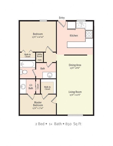 Floor plan for 2 beds, 1 bath, 850 sqft